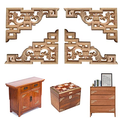 4 Stück Holz Ornamente Schrank Wand Ecke Deko vintage Ecke Holzornamente Ecke Holzschnitzerei Applique Holz Ornament Holzornamente für Möbel Vintage Deko Holz Geschnitzte Unbemalte für Möbel Cover