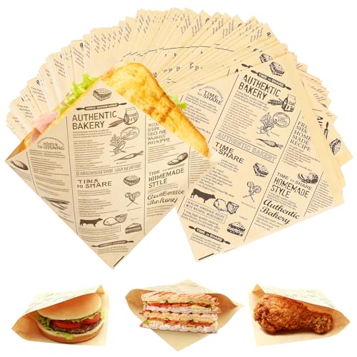 Euablfo 200 Pcs Papier Emballage Alimentaire, Papier Journal Alimentaire, Emballage sandwich, Paper Frite, Paper Burger, Papiers Sulfurisé pour Sandwich,...