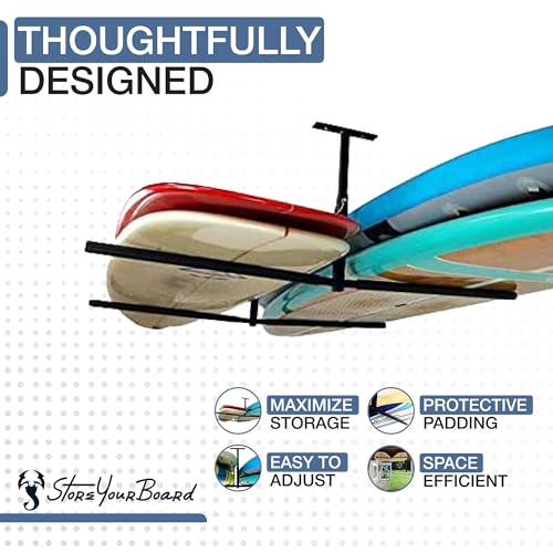Image of StoreYourBoard Standup Paddleboard and Surfboard Ceiling Storage Rack, Adjustable Garage Mount Hanger, Heavy Duty