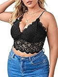 SheIn Women's Plus Lace V-Neck Floral Scallop Crop Cami Bust Backless Bralette Black XX-Large Plus