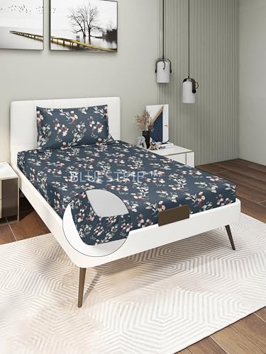 Image of Blue Strip 220TC Glace Cotton Elastic Fitted Bedsheets Single Bed with 1 Pillow Cover | Single Bed with All Around Elastic, Size 42 inch x 75 inch Inches