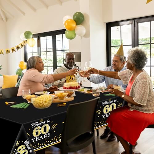 Image of Ganeen 3 Pcs 60th Birthday Tablecloths Black Gold Disposable Plastic Cheers to 60 Years Table Cloths Waterproof Rectangle Table Cover for Anniversary 60th Birthday Party Decoration, 54 x 108 Inch
