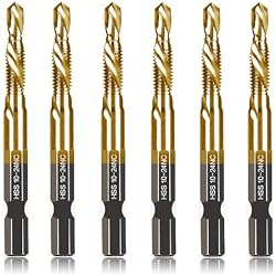 6-pc 10-24NC Combination Drill Tap Bit Set SAE, 10-24NC Thread Size, Titanium Coated High-Speed Steel, Ideal for Drilling Threading and Countersinking in Soft Metal Wood and Plastic, 1/4” Hex Shank