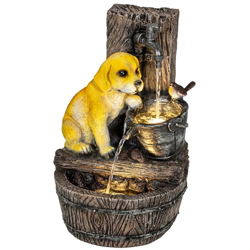 Fontaine de jardin Outsunny avec design rustique à 3 niveaux représentant des chiots, cascade extérieure avec lumières LED, débit réglable, fontaine en...