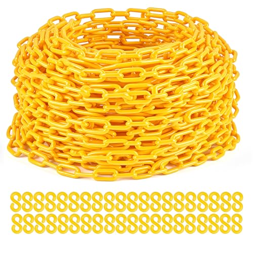 Drawpies Plastic Chain, 200Ft Yellow Chains Links, Large Plastic Safety Chain Barrier with 40 S-Hooks