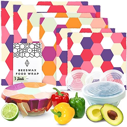WAFE Beeswax Food Wrap Set of 3 + 3 Reusable Stretchy Silicone Lids, Food Wax Wraps - Eco Friendly Gifts Sandwich Wrappers - Cling Film Alternative Plastic Free Bowl Covers with eBook