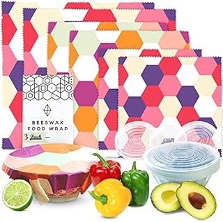 WAFE Beeswax Food Wrap Set of 3 + 3 Reusable Stretchy Silicone Lids, Food Wax Wraps - Eco Friendly Gifts Sandwich Wrappers - Cling Film Alternative Plastic Free Bowl Covers with eBook