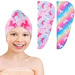 WAWSAM 2 Pack Kids Microfiber Hair Towel Wrap Girls Hair Turban Towels Fast Drying Hair Turbans Anti Frizz Wrap with Elastic Strap