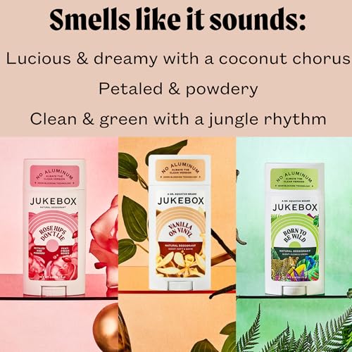 JUKEBOX Natural Deodorant for Women–Rose Hips Don\'t Lie,Vanilla on Vinyl & Born to be Wild, Multi Pack-Aluminum-Free,No Baking Soda, No Harsh Chemicals, Odor Blocking-a Dr. Squatch Brand-2.65oz,3 Pack