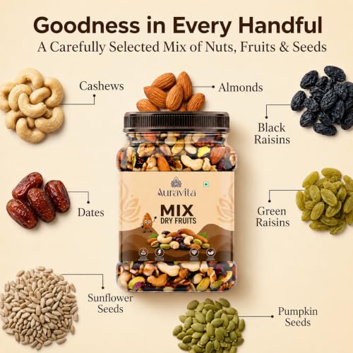 Image of Auravita Healthy Nutmix 500gm, Dried Almonds, Black Raisins, Cashewnuts, Cranberries, Green Raisins & Many More.(Pack of 1)