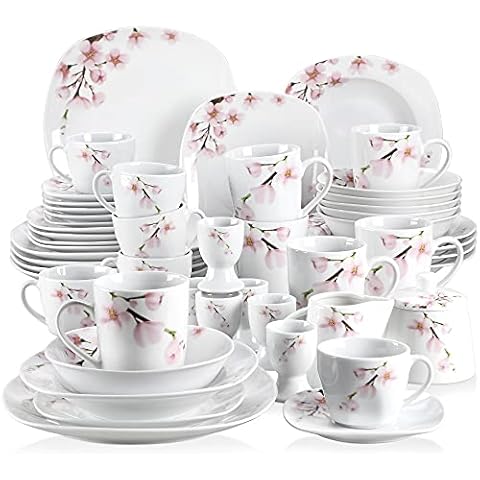 VEWEET, Series Annie, 50 PCS Floral Dinnerware Sets for 6, Including Porcelain Plates and Bowls Sets with Mugs, Egg Stands, Cup and Saucer Set, Milk Jug and Sugar Pot Set, Microwave Dishwasher Safe Cover