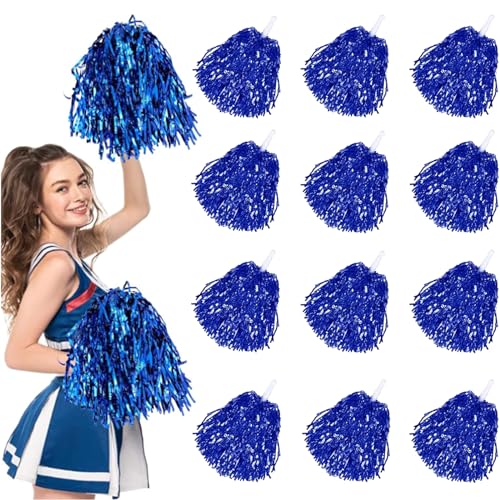 12 pompon da cheerleading, pom pom cheerleader, blu pom poms in pellicola metallica, cheerleader, pompon colorati a mano, pompon metallizzati, per competizioni sportive, danza, cheers adulti e bambini