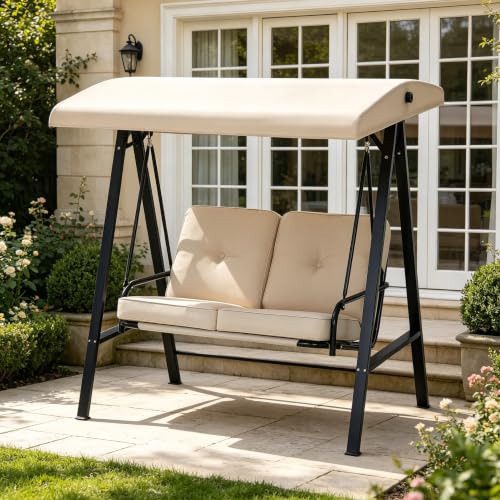 YODOLLA Columpio de jardín de 2 plazas con toldo, columpio de jardín con cojín extraíble, adecuado para patio trasero, jardín, patio, piscina (beige)