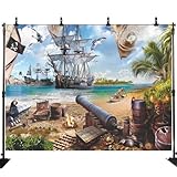 Pirate Backdrop for Photography Beach Jewelry Box Barrel Parrot Nautical Treasure Map Skull Flag Kids Boys Birthday Baby Shower Pirate Party Decorations Background Photo Studio Booth Props 7X5FT