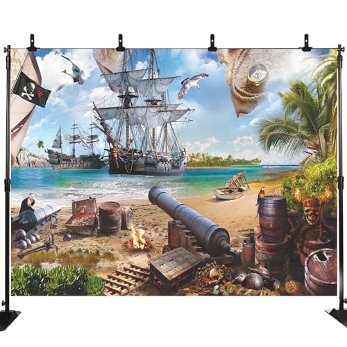 Pirate Backdrop for Photography Beach Jewelry Box Barrel Parrot Nautical Treasure Map Skull Flag Kids Boys Birthday Baby Shower Pirate Party Decorations Background Photo Studio Booth Props 7X5FT