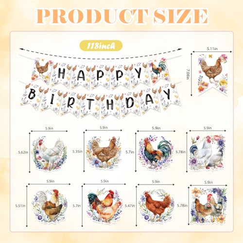 Image of Chicken Birthday Decorations Include Chicken Happy Birthday Banners Hanging Swirls Chick Farm Animal Birthday Theme Party Supplies