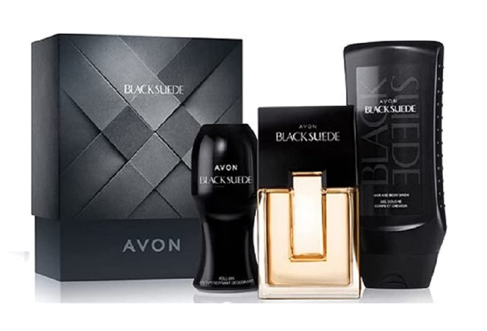 Avon AnewBlack Suede EDT Gift Set consists of EDT spray 75ml, Hair and Body Wash 250ml and Anti-Perspirant Roll-on Deodorant 50ml - 75ml – Musk, Amber woodsy fragrance – GIFT BOXED by Avon