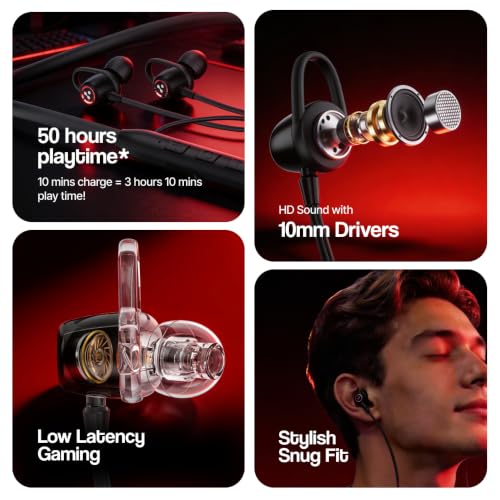Image of Ambrane Hitz 21 Wireless Bluetooth Neckband Earphones with Mic, 60H Playback, Bluetooth 5.4, 10mm Dynamic Drivers, Deep Bass, Fast Charging, Dual Pairing, Low Latency, in-Ear Headphones - Black