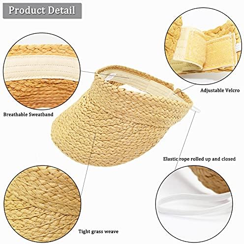 Uooker Sun Visor Hat for Women, Rollable Ladies Sun Hat Wide Brimmed Beach Straw Visors, Foldable Summer Topless Sunhats for Womens Adjustable Ponytail Beach Cap, UPF50+ Sun Protection Classic Kakhi