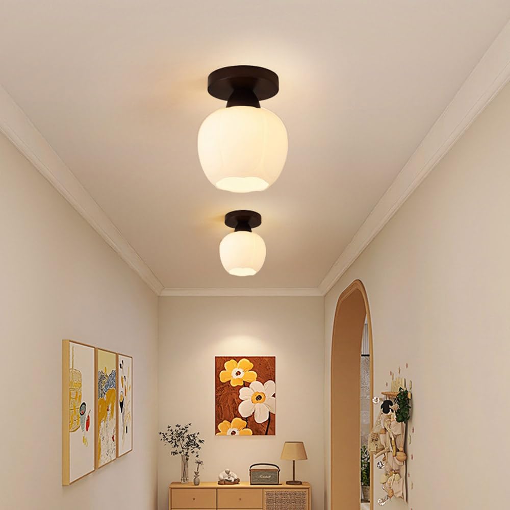 Półwpuszczana drewniana lampa sufitowa ze szklanym kloszem - Minimalistyczna lampa wewnętrzna do przedpokoju, kuchni, sypialni i biura (kolor orzech)