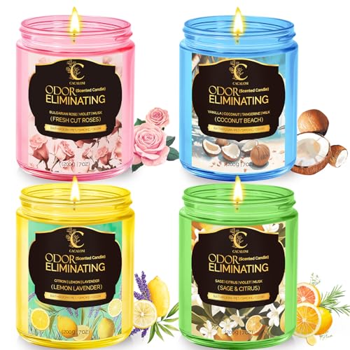 Image of Odor Eliminating Candle, Scented Candles Set for Home, 4 x 7oz | Eliminates 95% Of Pet, Food & Other Smells, Soy Wax Candles, 50Hr Burn, Air Fresh Scent of Lavender /Coconut /Rose,Sage Citrus