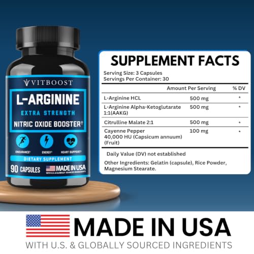 Image of VITBOOST L Arginine Capsules with L-Citrulline 1500mg, 30 Days Supply, 90Ct