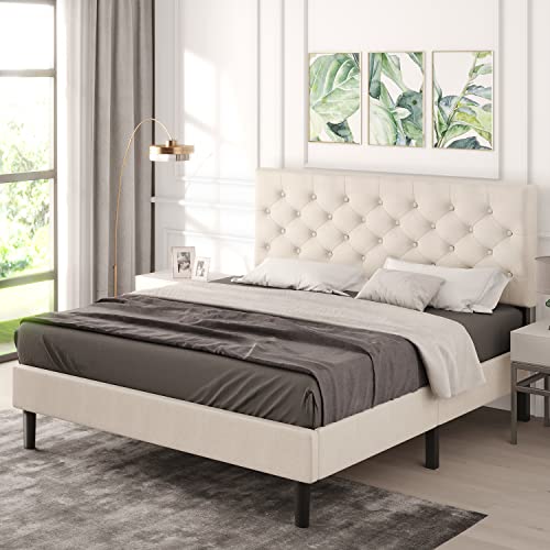 Catrimown Queen Size Upholstered Linen Platform Bed Frame With Button Tufted Headboard, Strong Wood Slat Support, Mattress Foundation, No Box Spring Needed, Easy Assembly, Beige #TOP3