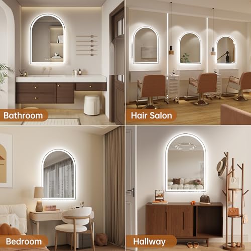 Image of Arched Bathroom Mirror with Lights 28 inchx40 inch- Frameless LED Mirror for Bathroom, Fogless, Dimmable, 3 Color Changing, Shatterproof, Touch Sensor