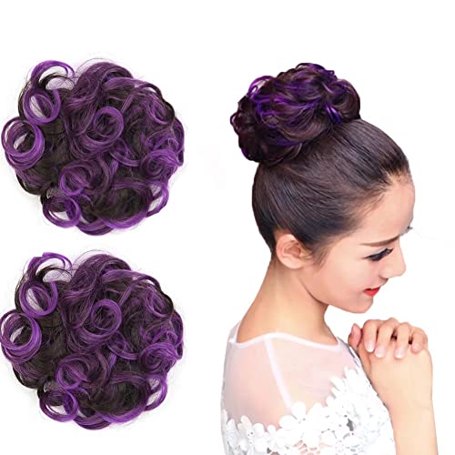 iLUU Brun Foncé et Violet Foncé Postiche Désordonné 2pcs Scrunchy Chouchous Élastique Updo Donut Ondulés Perruque Synthétique Extensions de Cheveux Top Chignon Cover