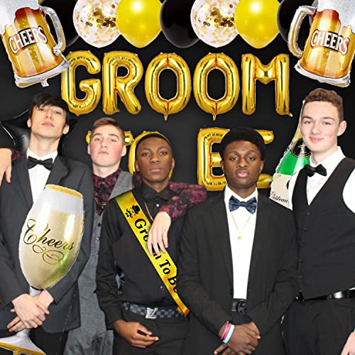 Image of Party Propz Groom to Be Decoration Set Combo - 16Pcs Set Groom to Be Balloon, Champagne & Cheers Foil, Metallic Balloons and Yellow Sash for Bachelorette Party Decorations