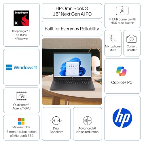 Image of HP OmniBook 3 16 inch Next Gen AI PC FHD IPS Laptop, 8-Core Snapdragon X X1-26-100 Processor, 16GB DDR5 512GB SSD, Radeon 740M Graphics Copilot Win 11 Computer for Creator Business Gaming w /GM Accessory