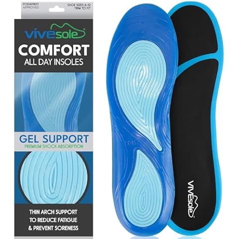 ViveSole Gel Insoles for Men & Women - Shoe Inserts for Walking & Standing All Day - Thin Cushion Soles for Sneakers, Boots - Comfort & Support for Heels, Arch Support, Plantar Fasciitis, Flat Feet Cover