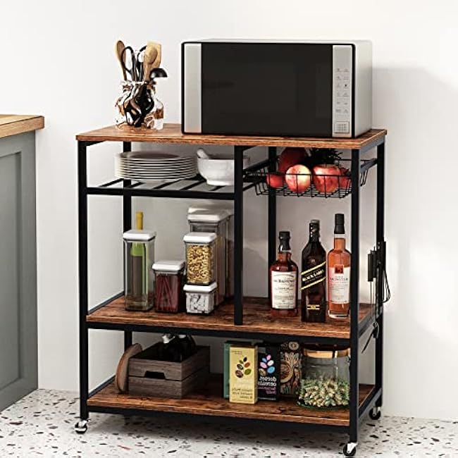 sogesfurniture 3-Tier Kitchen Baker¡¯s Rack cart with Wheel, 31.5 Wood Standing Rolling Microwave Oven Stand, Metal Frame, Utility Storage Shelf, Black-y6LF9DFL