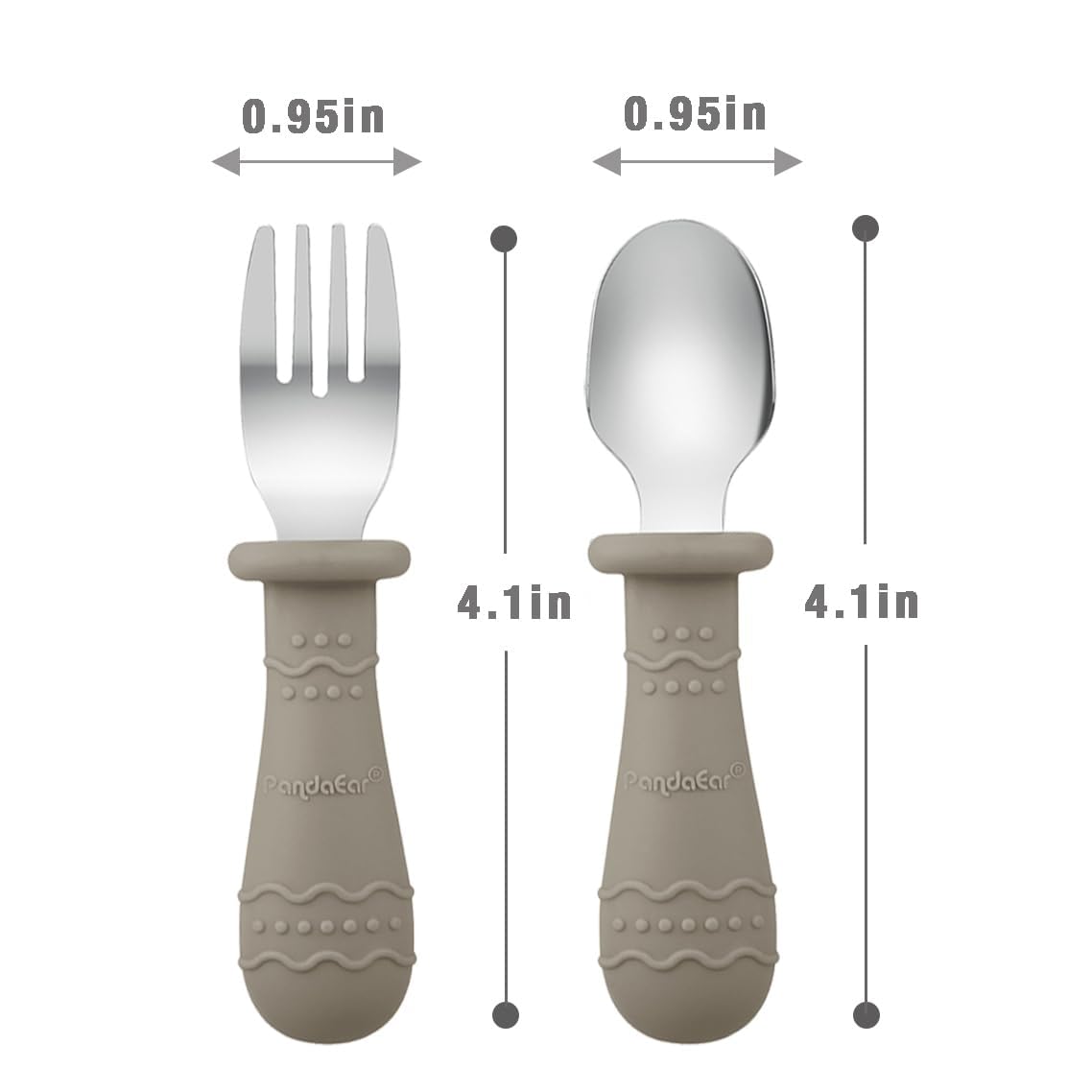 PandaEar Ensemble de Couverts pour Bébé, Lot de 6 Cuillères et Fourchettes pour Enfants, Acier Inoxydable 18/8 et Silicone de Qualité Alimentaire, Ensemble de Couverts pour Enfants (Marron/Noyer/Bleu)