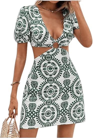 Image of SISKIN Summer Dresses for Women 2025 Vacation,Sexy Bodycon Cut Out Short Puff Sleeve Tie Back Dress for Women