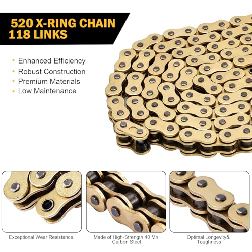 Image of Gold 520 X-Ring Motorcycle Chain 118 Links for KTM Husqvarna Yamaha with Connecting Master Link - Enhanced Durability & Universal Fit