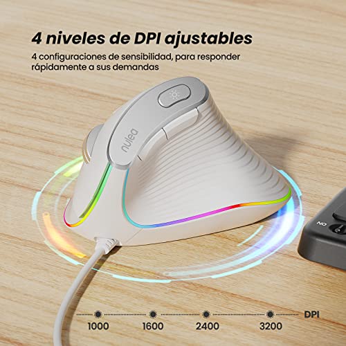 Ratón vertical Nulea con cable, sensor óptico ergonómico USB, 4 DPI, 11 Modos RGB, Color Blanco 6