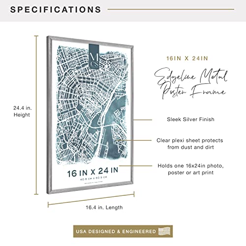 Image of MCS Edgeline Metal Poster Frame, Back-Loading Picture Frame For Wall Art, 16 x 24 Inch, Silver