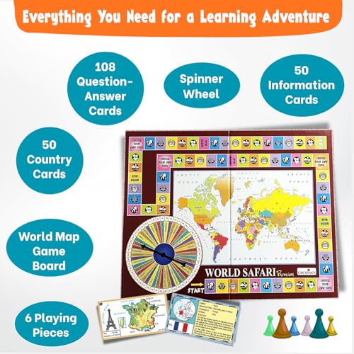 Image of Creative's World Safari Premium Educational Geography Board Games for Kids Age 9+, World Map Quiz Game with 864 Questions & Answers Countries, Capitals & General Knowledge Learning Game 2-6 Players