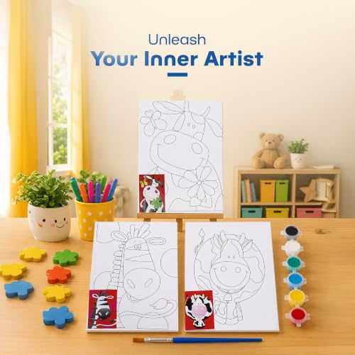 Image of Neomate Canvas Painting Kit for Kids | DIY Painting Set with 3 Printed Canvas, 6 Acrylic Paint Pots & Brush | Art and Craft Kit, Paint Kit for Kids, Birthday Gift, Return Gift, Creative Activity Set