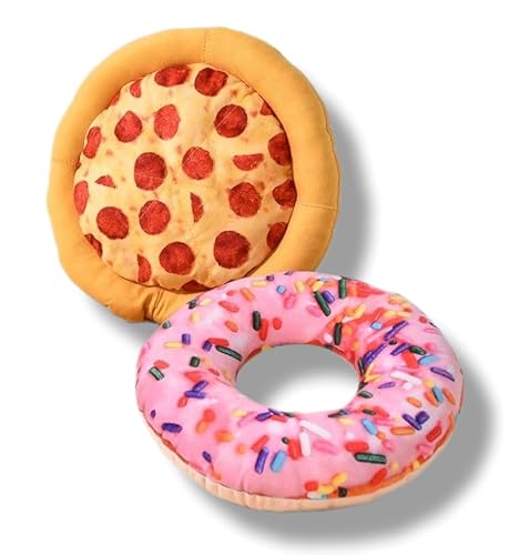 2個入り 丈夫な犬用おもちゃ きしむ音 耐久性 子犬用フェッチおもちゃ 歯が生え始める時期用 かわいいドーナツ ピザ ぬいぐるみ 噛むおもちゃ 長持ち