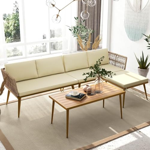 YITAHOME 4 Pieces Sectional Sofa Couch, L-Shaped Sofa with 5 Seater for Living Room, Loveseat Couch with Ottoman, Cushions and Side Table - Beige 4 Pc