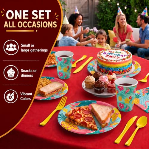 Image of 390 Pcs Luau Plates and Napkins Party Supplies Luau Party Decorations | Includes 60 9 inch Paper Plates | 60 7 inch Paper Plates | 60 9oz Paper Cups | 60 Napkins | 150 Plastic Cutlery