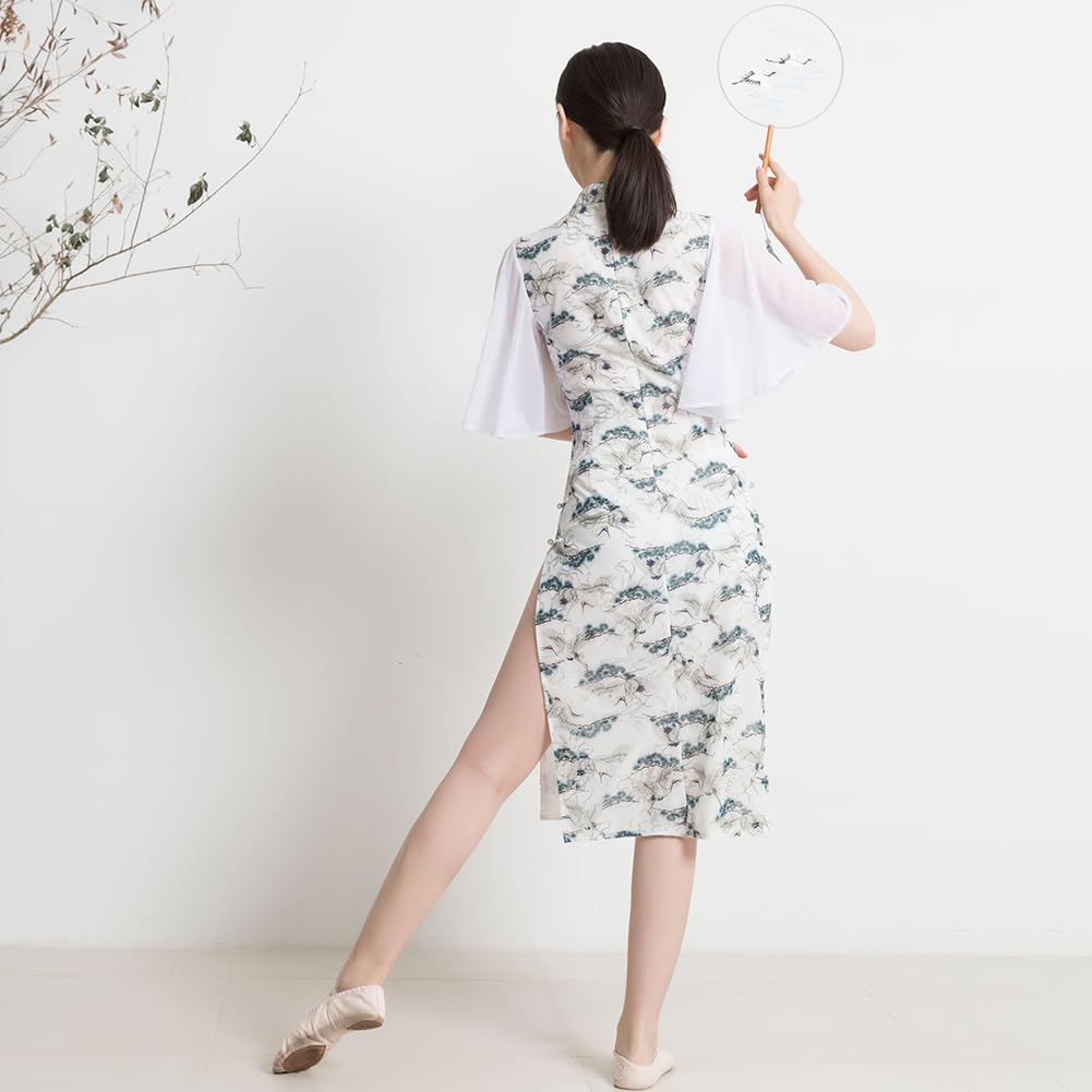 ROYAL SMEELA Robe Qipao pour Les Femmes Blanc Cheongsam Manche Feuille De Lotus Col Mandarin Adulte Cheongsam Fente Qipao Cheongsam Traditionnelle Chinoise Robe Cheongsam Sexy Qipao Chinoise Femme