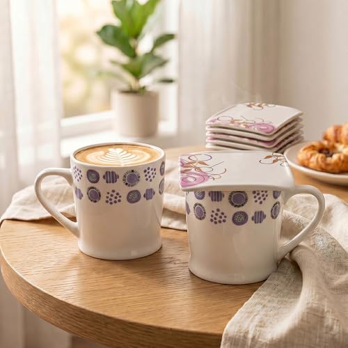 Image of U.P.C. Premium Bone China Ceramic Coffee Mug Set of 6 with 6 Coasters | Designer Tea & Coffee Cups |Printed Ceramic Mug Set | Tea Cups for Home,Office.