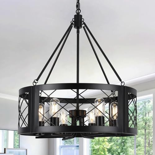 Black Farmhouse Chandelier for Dining Room, 22" Rustic Matte Black Drum Chandelier, 6-Light Round Cage Hanging Chandelier Light Fixture for Entryway, Foyer, Living Room, Kitchen, Bedroom