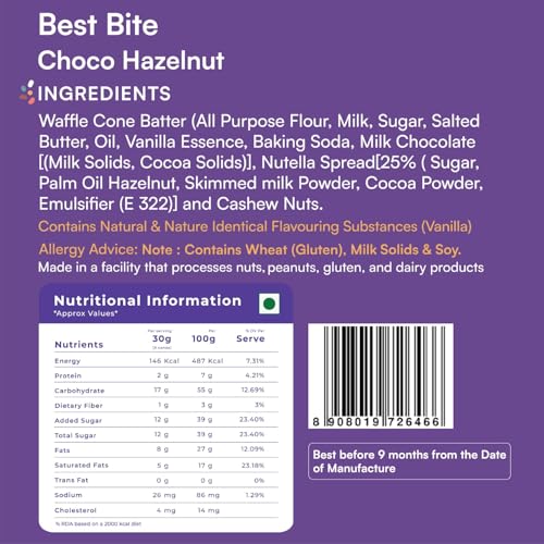 Image of Nova Nova Best Bite Choco Filled Cones | Choco Hazelnut | 100% Eggless | No Added Preservatives (50g)