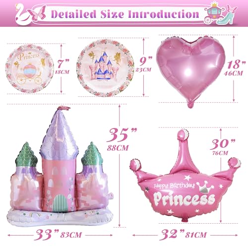 Image of 164 PCS Princess Birthday Party Decorations For Girl, 12 Tableware Sets, Castle Balloons, Balloon Arch, Disposable Paper Plates, Backdrop, Balloon Pump, Princess Party Decorations