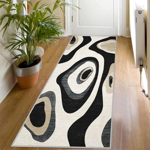 Modern Abstract Print Runner Rug for Hallway, 60x150, Geometric Pattern Throw Rug Entrance Black White Decor Carpet, Washable Non-Slip Rugs Runners for Living Room Bedroom Ri383