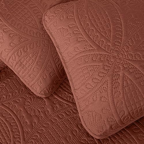 Image of Chezmoi Collection Austin Queen Bedspread Set 3-Piece Pinsonic Quilted Oversized Bedspread Coverlet Set, Queen, Terracotta